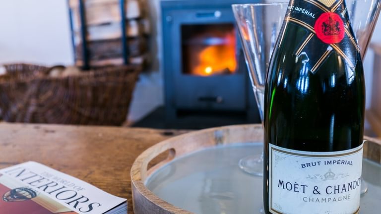 Boltholes and Hideaways Capel Seion Cwyfan log fire and champagne