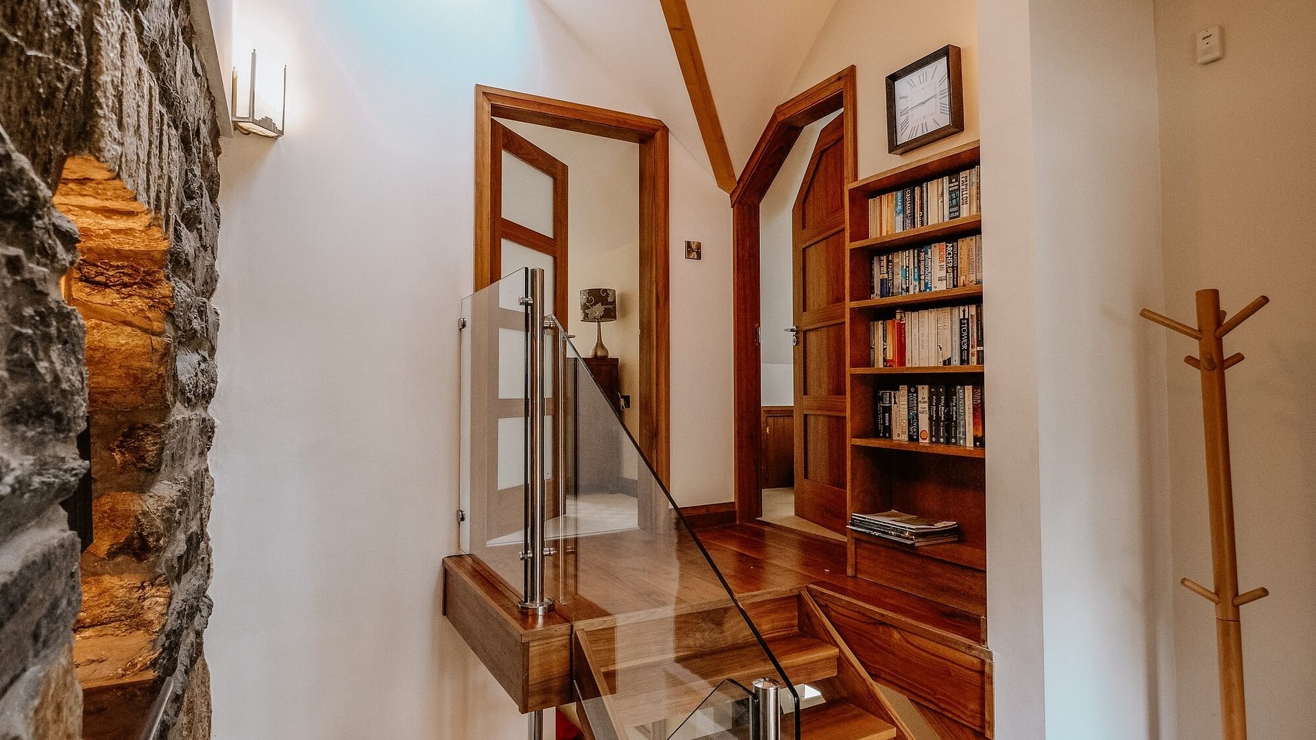 Boltholes and Hideaways Llynnon Lodge stairs to master bedroom and bathroom