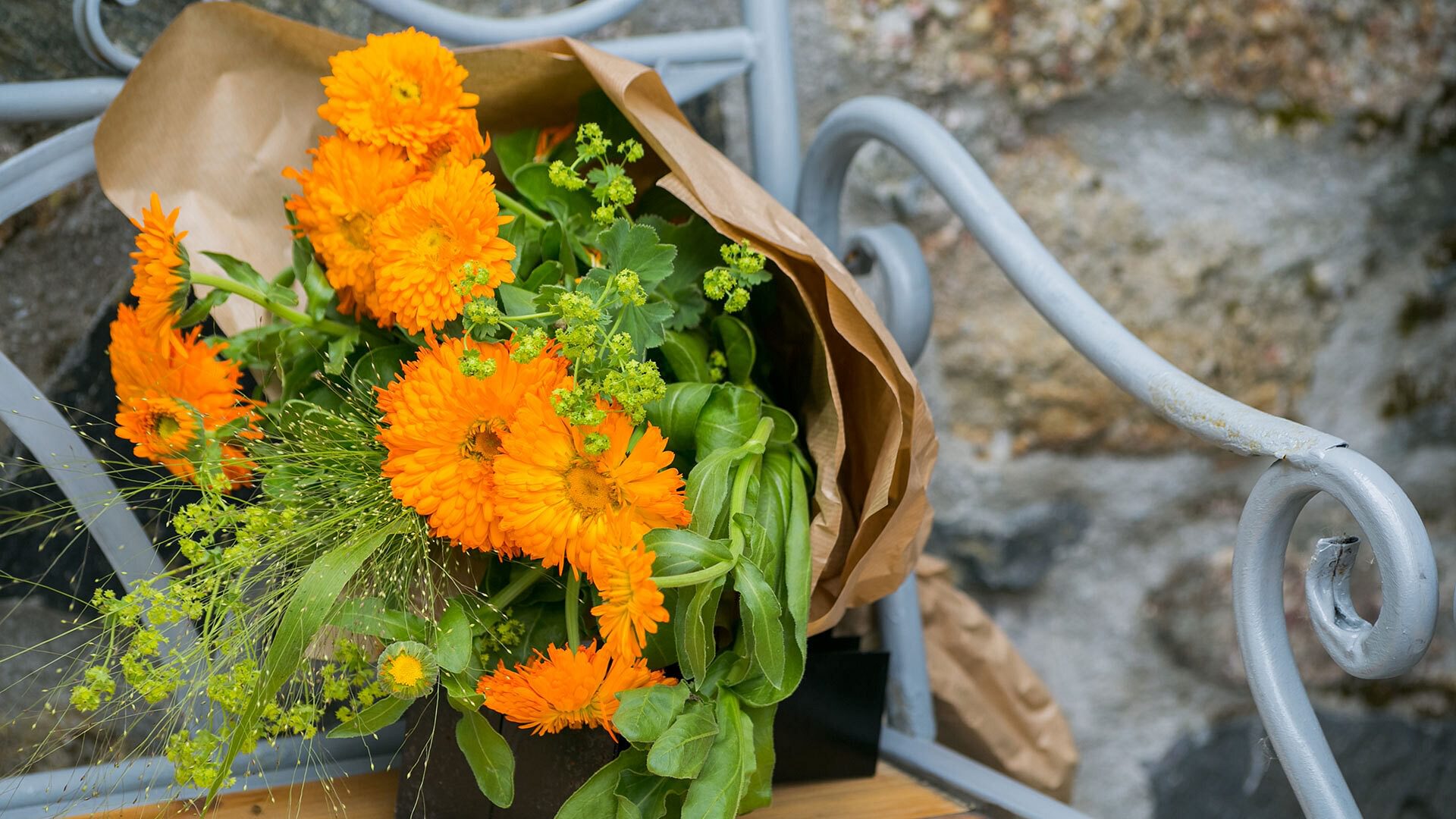 Ysgubor Wennol Brynsiencyn Anglesey calendula bouquet 1920x1080